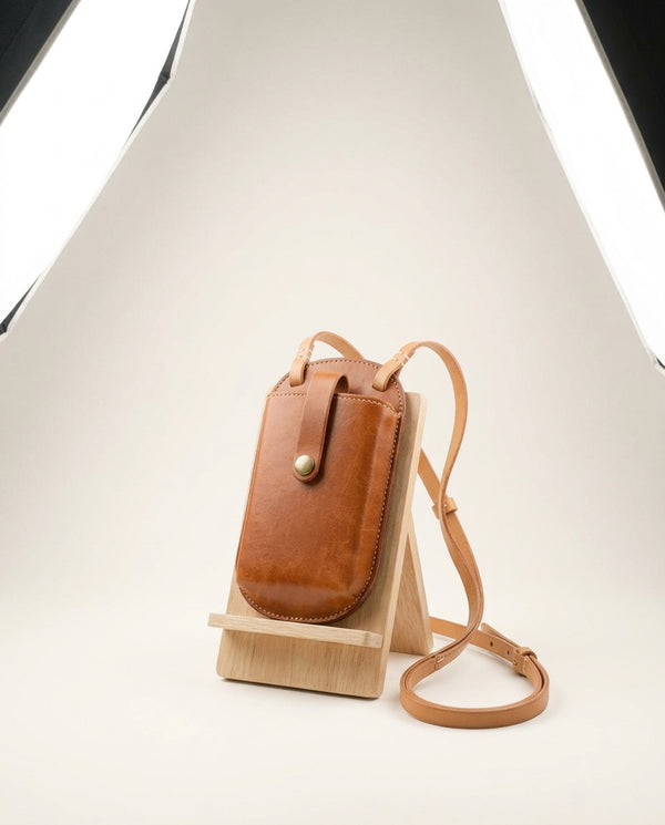 Handmade leather phone bag with shoulder strap