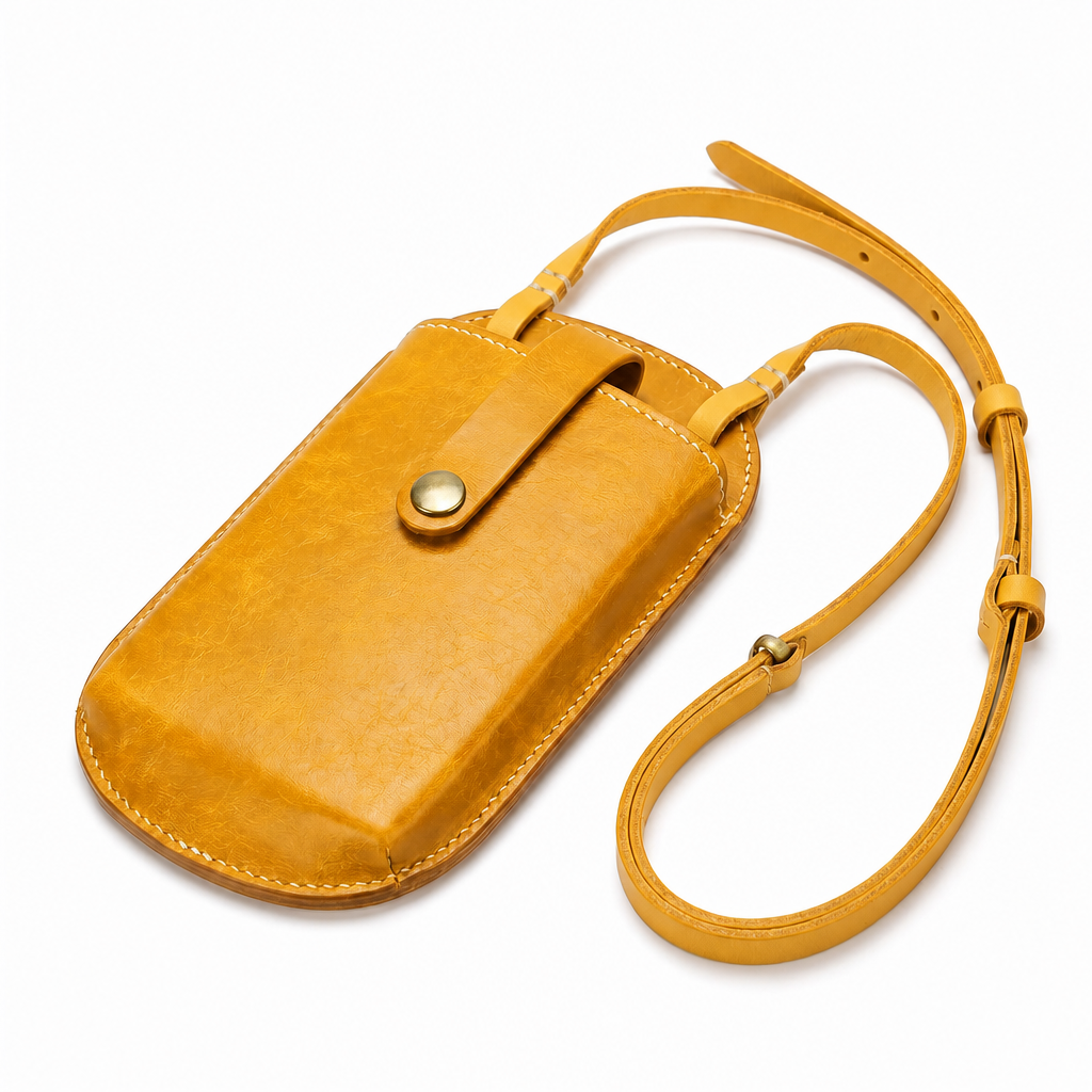 Handmade leather phone bag with shoulder strap